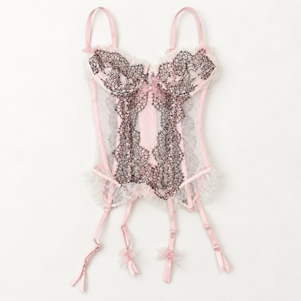 Victoria Secret 34B Chantilly Lace Bustier Pink Mesh Romantic Coquette Ballet